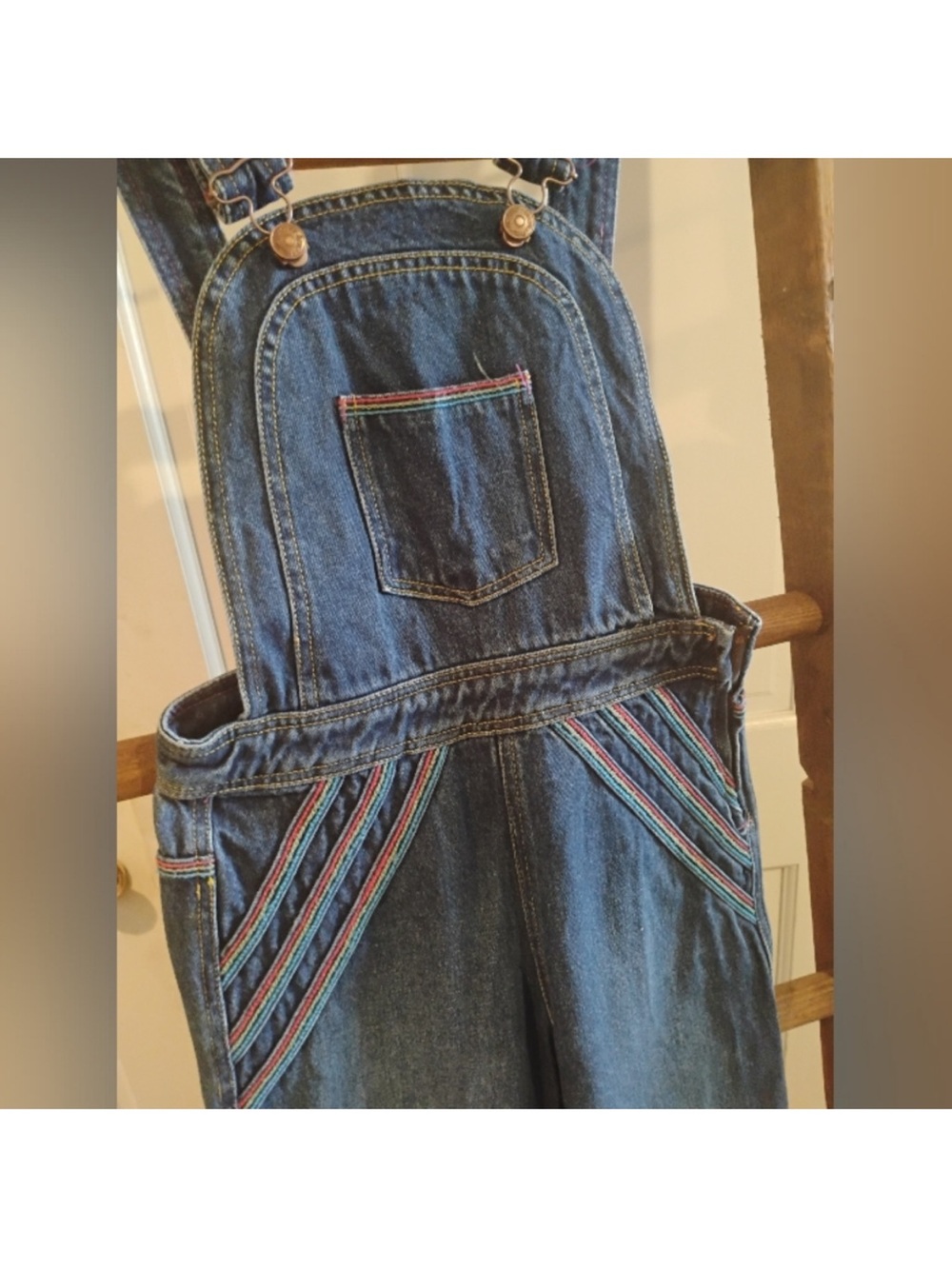 We The Free chasing rainbows 🌈 Blue Denim Striped-Trim Overalls Jumpsuit Size 2 - Picture 5 of 6